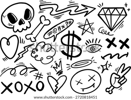 Graffiti Doodle Element. Abstract Doodle Grunge Collection. Hand drawn graffiti groovy prints, gothic signs and symbols.
