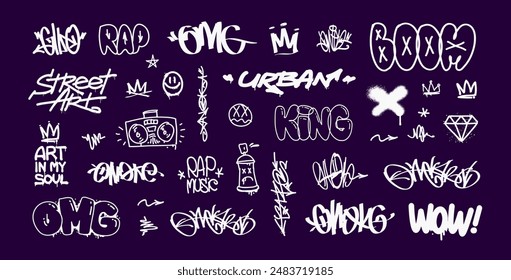 Graffiti doodle set and Street Art tags editable vector collection. Graffiti words and quotes. Rap and hip-hop grunge elements for pattern and tee print design