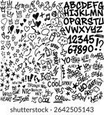 Graffiti doodle set. Vector pack of street art elements: letters, numbers, hearts, stars, spray cans. Perfect for urban designs.