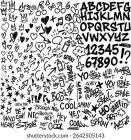 Graffiti doodle set. Vector pack of street art elements: letters, numbers, hearts, stars, spray cans. Perfect for urban designs.