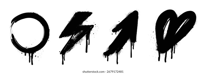 Graffiti doodle Vector dibujado a mano ilustración de pintura en spray negro con forma de círculo, rayo, flecha y corazón con salpicadura de tinta goteante