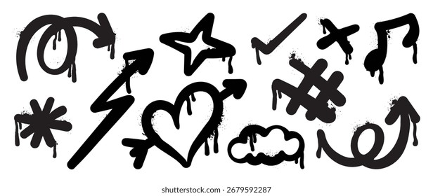 Graffiti Doodle, Vektorgrafik, handgezeichnet, schwarze Sprühfarbe, Illustration mit Herzformen, Pfeil, Stern, funkeln, Wolke, tropfende Tintenspritzer. Elemente auf weißem Hintergrund für Banner, Dekoration, Straßenkunst