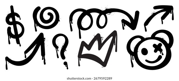 Graffiti doodle Vector dibujado a mano ilustración de pintura en aerosol negro con flecha, corona, oso, línea de garabato goteo salpicadura de tinta. Elementos en el fondo blanco para el Anuncio, decoración, arte de la calle.
