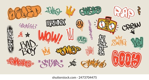 Graffiti doodle words set and street art tags - editable vector icons collection. Rap and hip-hop inscription with grunge elements for pattern and tee print design (set 12)