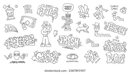  Graffiti doodles funny characters hand drawn lettering vector collection , background for kids