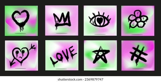 Juego de símbolos emo de dibujos de graffiti. Patrón pintado de graffiti en aerosol, flecha, corona, estrella, corazón y sonrisa. Pintar elementos. Ilustración del vector