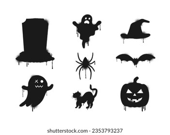 Graffiti drawing Halloween symbols set. Painted graffiti spray pattern of gravestone, ghost, bat, cat, spider, hat and Halloween pumpkin. Black spray painted over elements. Street art style. Vector.