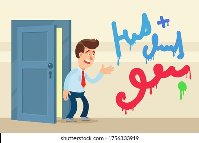 Graffiti and drawing on the wall of an apartment building. Upset man looks at the wall with graffiti. Teenagers damaged the wall, harm and vandalism. Vector illustration, flat design, cartoon style.