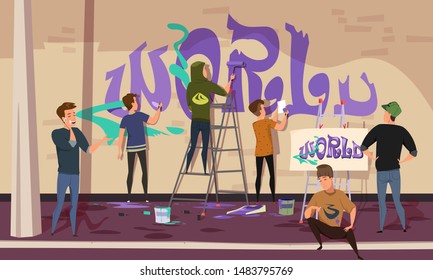 Graffiti drawing on wall flat vector illustration. Young people, teenagers, hooligans making inscription on building cartoon characters. Street artists copying artwork sketch from easel to brick wall