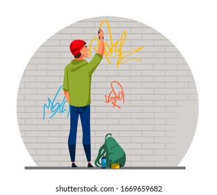 Graffiti drawing on wall flat vector illustration. Young people, teenager, hooligan making inscription on building cartoon character. Street artist