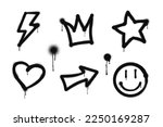 Graffiti drawing symbols set. Painted graffiti spray pattern of lightning, arrow, crown, star, heart and smile. Spray paint elements. Street art style illustration. Vector.