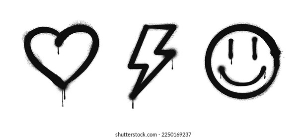 Graffiti drawing symbols set. Painted graffiti spray pattern of lightning, heart and smile. Spray paint elements. Street art style illustration. Vector svg
