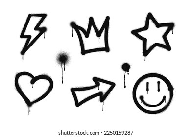 Graffiti drawing symbols set. Painted graffiti spray pattern of lightning, arrow, crown, star, heart and smile. Spray paint elements. Street art style illustration. Vector.