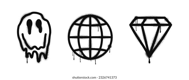 Graffiti Zeichensymbole gesetzt. Malte Graffiti-Spritzmuster aus schmelzendem Lächeln, Weltkugel und Diamantgemein. Farbelemente sprühen. Street Art Illustration. Vektorgrafik.