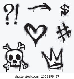 Graffiti drawing symbols set. Painted graffiti spray pattern of lightning, arrow, crown, star, heart and smile. Spray paint elements. Street art style illustration. Vector.