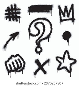 Graffiti drawing symbols set. Painted graffiti spray pattern of question mark, arrow, crown, star, fence and hand hitting. Spray paint elements. Street art style illustration. Vector.