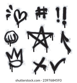 Graffiti drawing symbols set. Painted graffiti spray pattern of question mark, arrow, crown, star, fence and hand hitting. Spray paint elements. Street art style illustration. Vector.