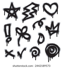 Graffiti drawing symbols set. Painted graffiti spray pattern of question mark, arrow, crown, star, fence and hand hitting. Spray paint elements. Street art style illustration. Vector.