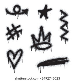 Graffiti drawing symbols set. Painted graffiti spray pattern of question mark, arrow, crown, star, fence and hand hitting. Spray paint elements. Street art style illustration. Vector.