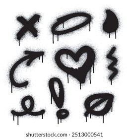 Graffiti drawing symbols set. Painted graffiti spray pattern of question mark, arrow, crown, star, fence and hand hitting. Spray paint elements. Street art style illustration.