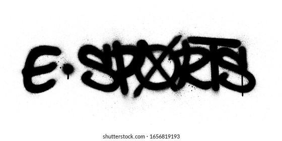 graffiti e sports text sprayed in black over white