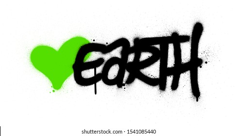 graffiti earth word with green heart sprayed over white