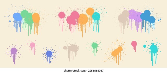 Graffiti effect stains. Grunge paint splatter with drops. Ink splash. Graffiti paint dripping. Dirty spot. Grunge splatter set. 2000s graffiti spray trend. Y2k, 90s and 2000s.