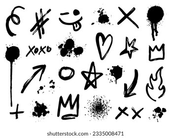 graffiti elements set spray paint. Collection of symbols, heart, crown, , star, arrow with ink splash. Elements on white background for banner, decoration, street art and ads.