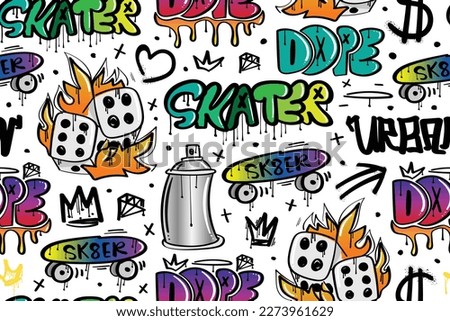 Graffiti elements sketch drawings. Text and grunge doodle. Seamless pattern repeating texture background. Vector illustration design.