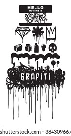 Graffiti elements, symbols, hip-hop culture and street style. Set of black white icons