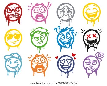Graffiti emoji faces spray paint dripping street art style emoticons set including angry sad happy crazy dead eye expressions vector illustration