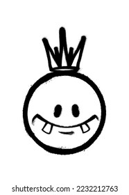 Graffiti emoticon with crown. Smiling face painted spray paint. Vector illustration