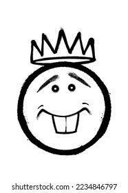 Graffiti emoticon with crown. Smiling face painted spray paint. Vector illustration