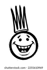 Graffiti emoticon with crown. Smiling face painted spray paint. Vector illustration
