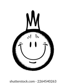 Graffiti emoticon with crown. Smiling face painted spray paint. Vector illustration