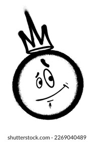 Emoticono de graffiti con corona. Pintura de pulverización con rostro sonriente. Ilustración del vector