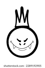Graffiti emoticon with crown. Smiling face painted spray paint. Vector illustration