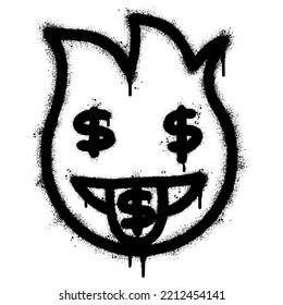 Graffiti emoticon Money mouth isolated with a white background. graffiti Fire emoji with over spray in black over white. Vector illustration.