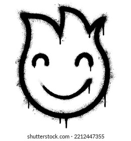 Graffiti emoticon smiling face with smiling eyes isolated with a white background. graffiti Fire emoji with over spray in black over white. Vector illustration.