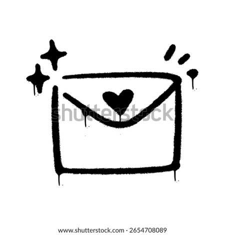 Graffiti envelope or mail love icon in black spray paint texture with drip effect. Hand-drawn vector in urban sketch style on transparent background.

