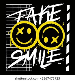 Graffiti face emoticon street wear illustration with slogan fake smile