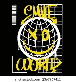 Graffiti face globe street wear illustration with slogan smile world