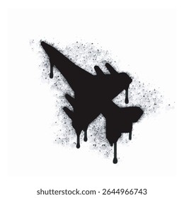 Grafite ícone avião de caça spray isolado no fundo branco. Ícone de avião de combate de grafite com spray preto no branco. Ilustração vetorial.