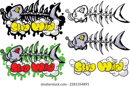 Graffiti fish skull illustration for t-shirt and sticker vector design, eps 10, editable.