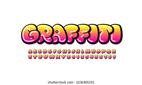 Graffiti font, comic alphabet in the cartoon style, uppercase letters and numbers, vector illustration 10EPS