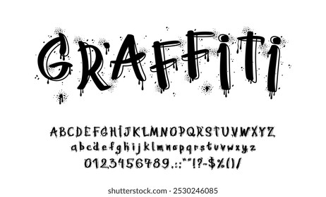 Schriftart für Graffiti, Schriftart für Spraybuchstaben. Schwarzes Alphabet mit tropfender Farbwirkung. Vektorgrafik fett Groß- und Kleinbuchstaben, Zahlen und Sonderzeichen mit Street Art Edgy Urban Culture Ästhetik