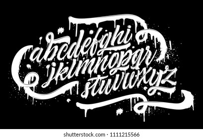 Graffiti font. Spray paint effect alphabet  on black background. Hand drawn typeface with realistic grunge effect for a logo, cards, invitations, posters, banners. Vector illustration. 
