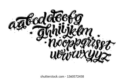 Graffiti font. Spray paint effect alphabet isolated on white. Decorative artistic font with realistic grunge effect for a logo, cards, invitations, posters, banners. Vector illustration. 