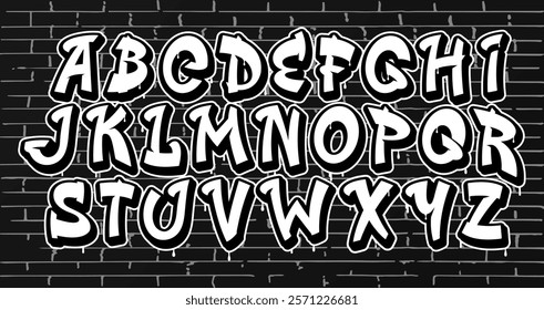 Graffiti font, street art typeface, hip hop type, grunge English alphabet featuring white, bold, outlined uppercase letters with a dynamic urban aesthetic. Vector teenage culture typography characters