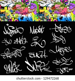 Graffiti Font Tags Urban Illustration Set. Hip Hop Art Design